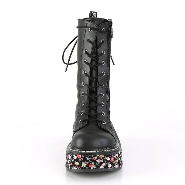 Demonia Women's Emily-350 Platform Mid Calf Boots - Black Vegan Leather/Floral Fabric D6841-25US Clearance